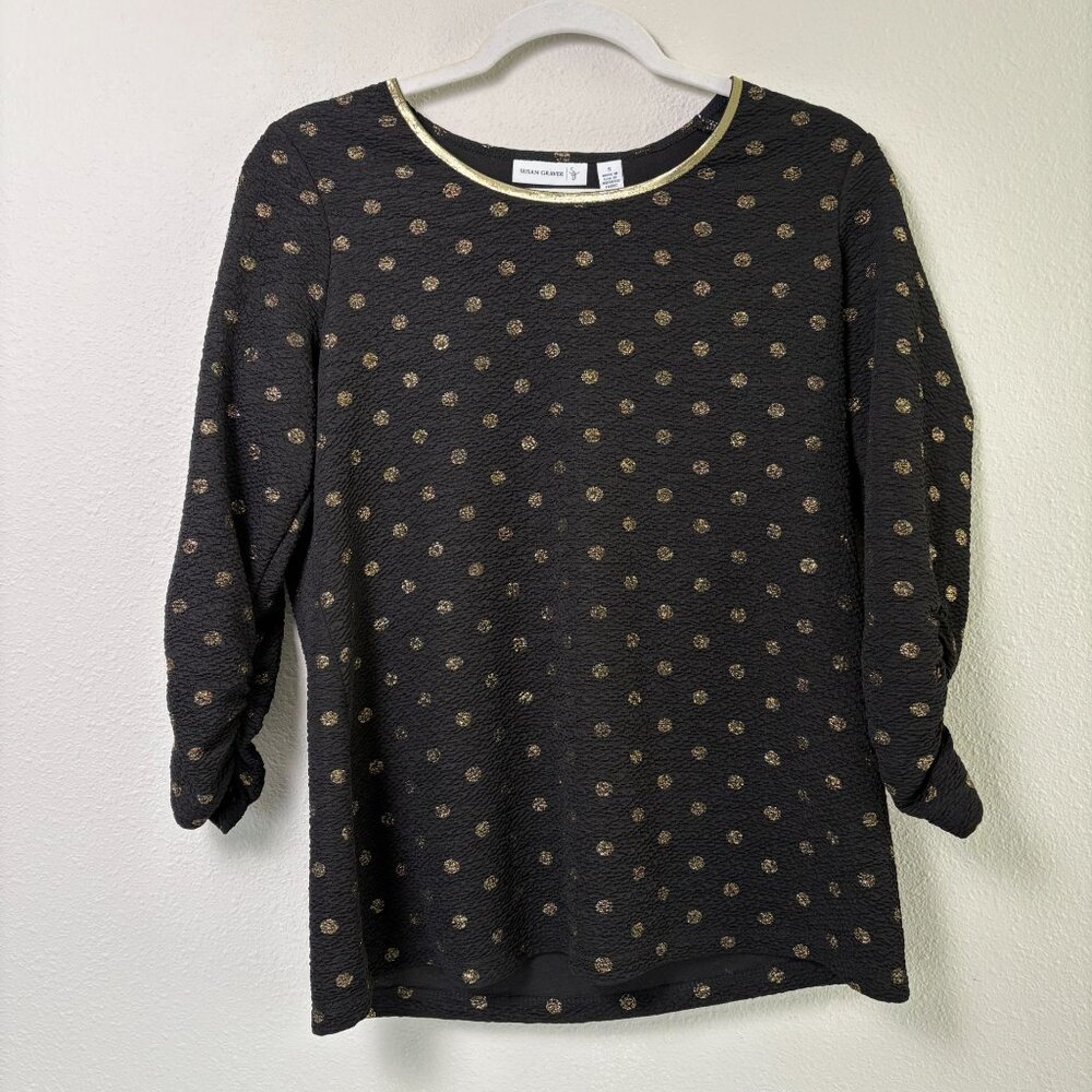 Susan Graver Crinkle Knit Tunic Size S Black Gold Foil Dots Ruched Sleeves